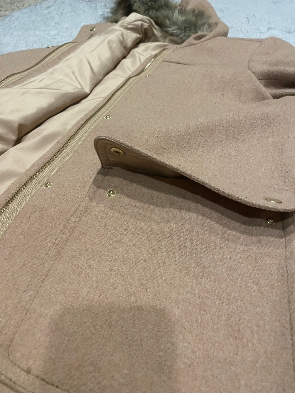 J. Crew Camel Wool-Blend Pea Coat with Faux-Fur Trim Hood - Picture 6 of 12